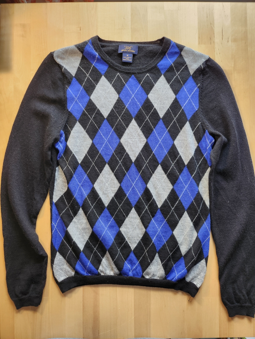 Brooks Brothers "346" 100% Merino Black/Blue Argyle Sweater